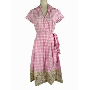 Lilly Pulitzer Pink Green Gingham Wrap Dress Floral Eyelet Picnic Summer Size 8